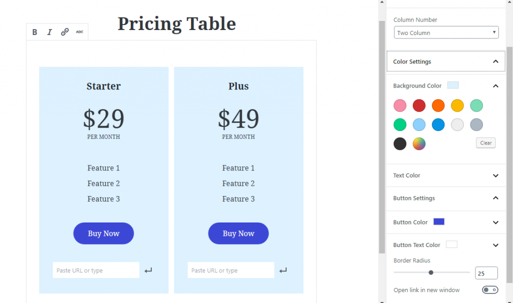 Pricing Table Backend Block Setting - Preview