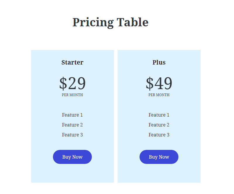 Pricing Table Block - Frontend Preview