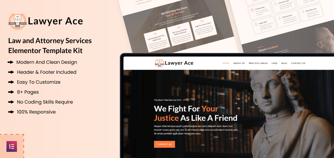 Lawyer Ace Elementor Kit Product Banner